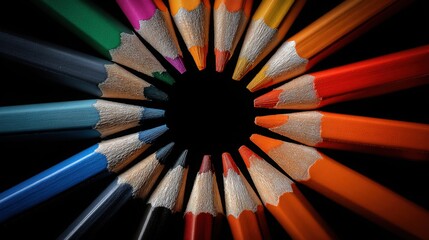 Fototapeta premium hyper realistic colorful pencils arranged in perfect circular pattern on black background, sharp tips facing center, strong graphic symmetry, bold