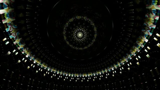 Immersive sacred mandala chamber glowing with divine aura, symmetrical cathedral dome inspired by Tibetan spirituality, circular geometry guiding peaceful awareness and healing energy
