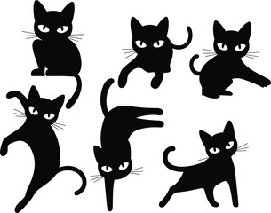 Set of black cat silhouettes in playful poses isolated on white background, cute cartoon feline vector illustration