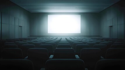 Fototapeta premium Silent Stage: A cinematic auditorium bathed in an eerie blue glow, rows of empty seats lead the eye towards a radiant screen, creating an atmosphere of anticipation and solitude.