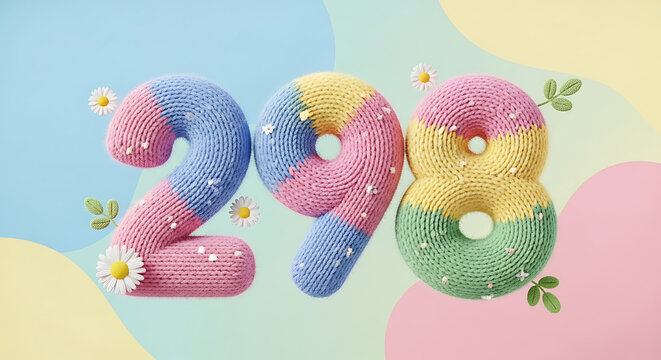 Knitted number 298 with pastel tie-dye colors and daisy flower decorations, cute 3D rendering
