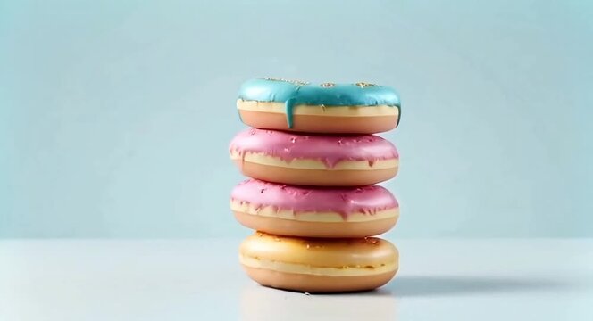 A stack of delicious donuts with colourful coloured glaze with a soft solid colour background.4k video.