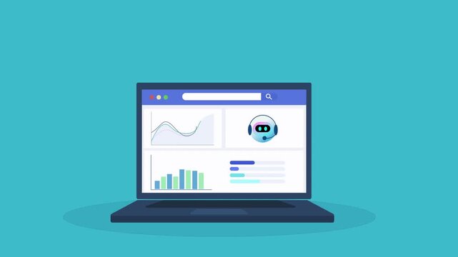 Animated laptop displaying data monitoring dashboard interface with charts and eye icon, representing system visibility, analytics tracking, and digital monitoring technology.
