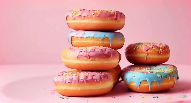 A stack of delicious donuts with colourful coloured glaze with a soft solid colour background.4k video.