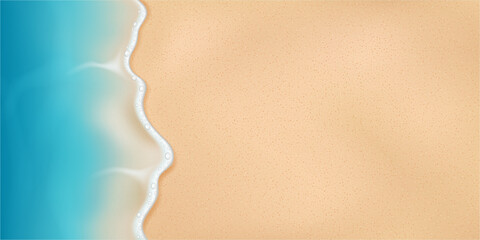 Smooth beach landscape with sand with foamy waves, top view. Vector realistic minimalistic seascape. Summer vacation scene with pristine nature. Coastal design or relaxation visual content