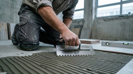 Male construction worker in gray shirt kneels on concrete floor applying adhesive with a trowel for tile installation in a partially finished building with large windows and wooden planks visible