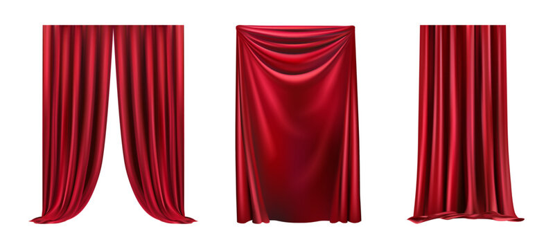Luxury curtain cornice decor domestic fabric interior drapery textile lambrequin. Vector realistic draperies for theater or opera stage. Velvet red fabric cloth, vintage style decoration