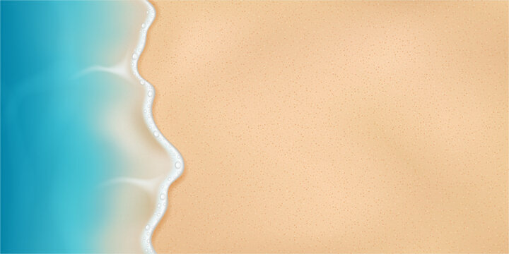 Smooth beach landscape with sand with foamy waves, top view. Vector realistic minimalistic seascape. Summer vacation scene with pristine nature. Coastal design or relaxation visual content