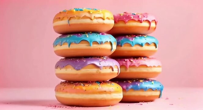 A stack of delicious donuts with colourful coloured glaze with a soft solid colour background.4k video.