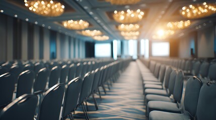 Obraz premium Empty Conference Hall: An expansive conference hall, meticulously arranged with rows of chairs.