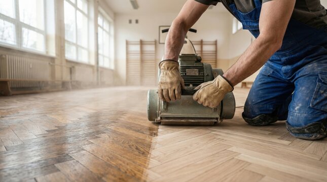 Man in blue overalls uses a floor sander to refinish wooden parquet flooring in a spacious indoor area with large windows and wooden gymnasium-style wall bars in the background