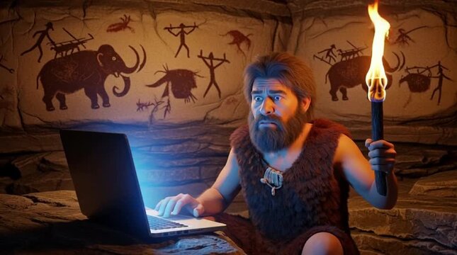 Caveman uses laptop with torch in hand