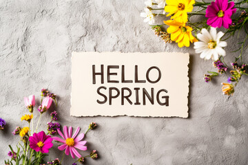 Fototapeta premium Handwritten hello spring on a torn edge card surrounded by colorful daisies and cosmos over light concrete texture, bright overhead composition. 