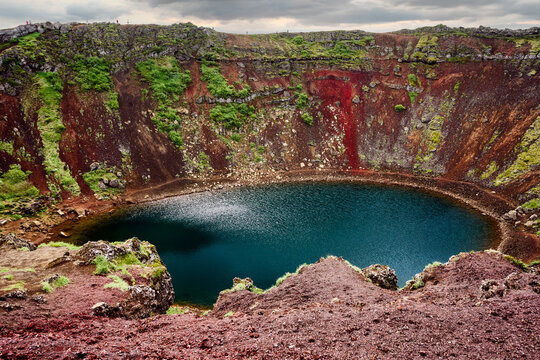 Exploring kerid crater lake in south iceland on the golden circle