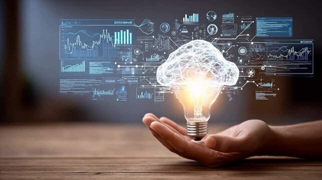 Hand holding glowing light bulb with cloud