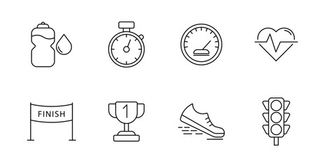 Running and fitness set icon. Water bottle, stopwatch, speed meter, heart rate, finish line, trophy, sneaker, traffic light, sport, race, training, health, workout