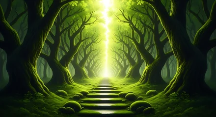 Papier peint photo Chambre de fille Enchanted forest path with glowing light and mossy stones, a magical nature journey  © fia