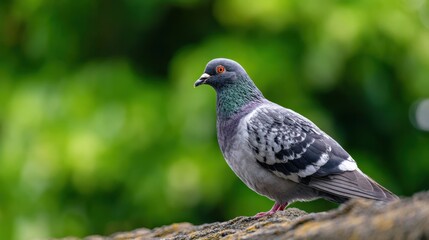 Obraz premium The Pigeon Perched on a Mossy Roof Tile With Vibrant Green Bokeh Background
