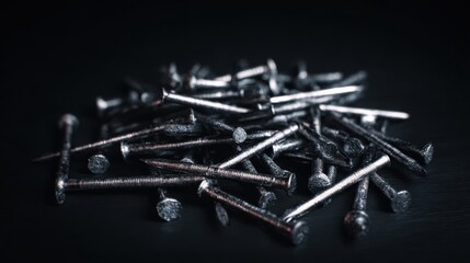 hyper realistic painted metal nails scattered artistically on matte black background, bold industrial aesthetic, high contrast lighting, modern