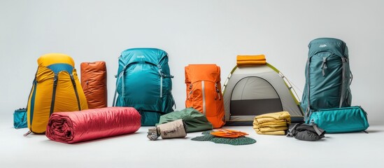 Colorful outdoor adventure gear collection on white background, ideal for camping and hiking trips