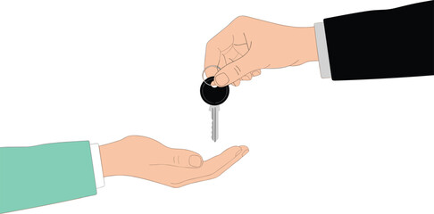 Fototapeta premium Hand giving key to another person real estate property transfer and home ownership vector illustration