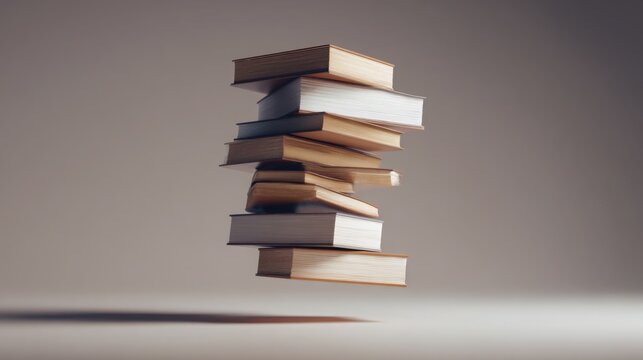 hyper realistic stack of books floating one above another in perfect vertical alignment, minimal neutral background, soft cinematic lighting, surreal