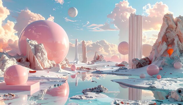 Surreal dreamscape of melting pink objects in a fantastical landscape with clouds and water