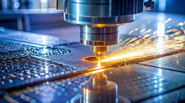 Automated laser cutting machine precisely cutting a l sheet with bright sparks.