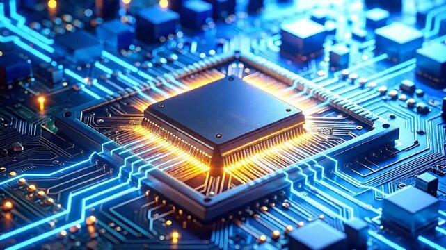 Close-up of a modern computer processor with intricate circuit patterns and glowing connections.
