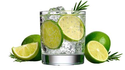 Lime and Gin Delight: A refreshing gin and tonic cocktail, garnished with vibrant lime slices and rosemary sprigs, sparkles with icy cool sophistication.