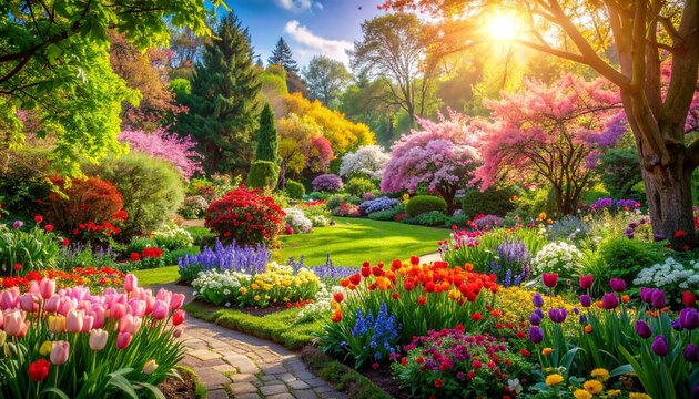 Vibrant garden blooms with colorful flowers and lush greenery in a serene outdoor setting.