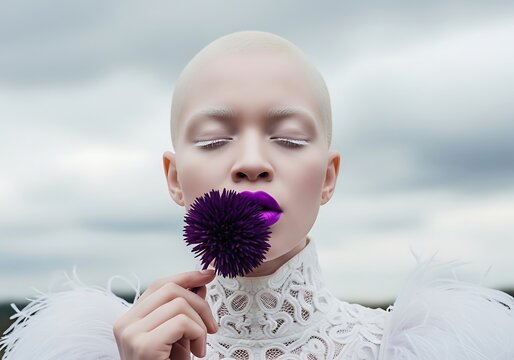 Woman model with albino features holding a purple flower. Creative makeup and unusual beauty concept. Fashion advertising.