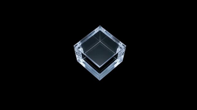 Rotating crystal cube on a black background. Represents clarity, precision, and modern design in visual presentations