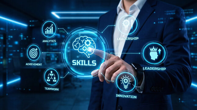 Business Professional Selecting Digital Skills Interface for Career Development, Leadership and Innovation Concept