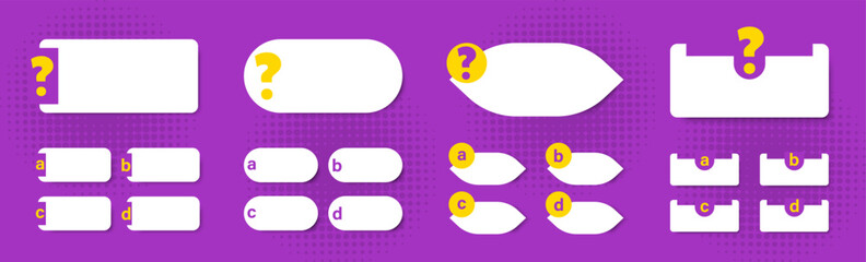 Fototapeta premium Question label templates collection. Purple speech banners with answer options and placeholders. Modern UI elements for quizzes and forms