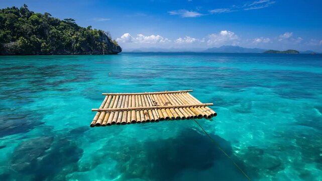 A serene bamboo raft floats on crystal-clear turquoise waters amidst a tropical paradise island landscape