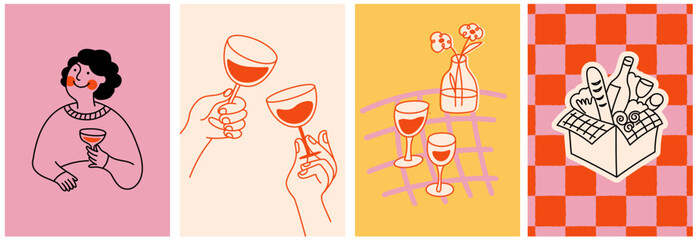 Fototapeta na wymiar Vector naive graphic design logo template, cartoon mascot for wine bar and cafe, for advertising, branding, posters and banners, funny cartoon illustration with smiling character, food stickers 