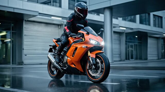 A rider clad in protective gear speeds down a wet city street on a vibrant orange sport motorcycle