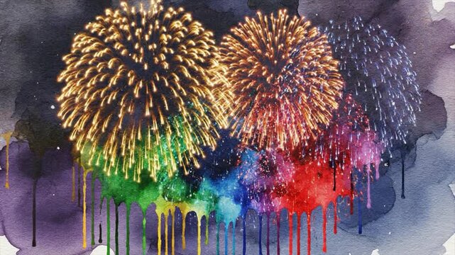 Colorful Watercolor Fireworks Celebration Background Motion Graphic, Festive Night Sky Explosion Loop