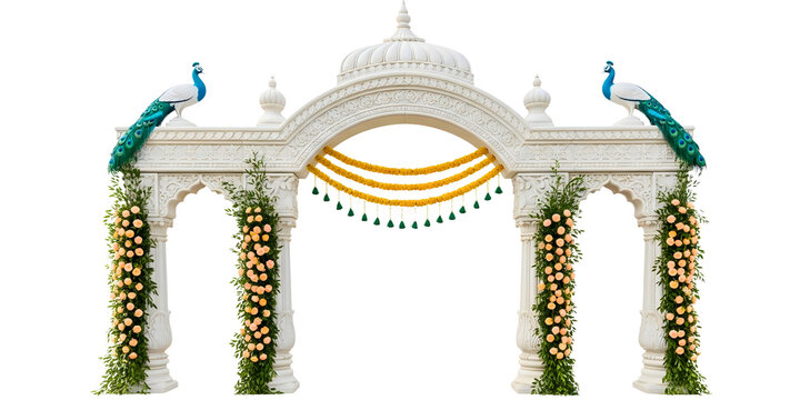 Ornate indian wedding mandap with peacocks floral decorations on transparent background