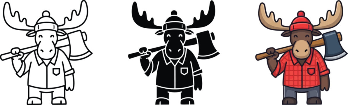 Friendly cartoon moose lumberjack with large antlers, holding an axe over his shoulder, wearing a red plaid shirt, vector illustration