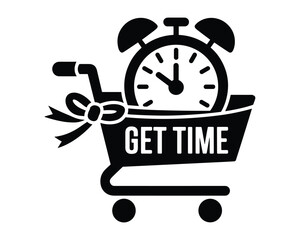 Fototapeta premium Shopping cart filled with an alarm clock and text get time with ribbon detail