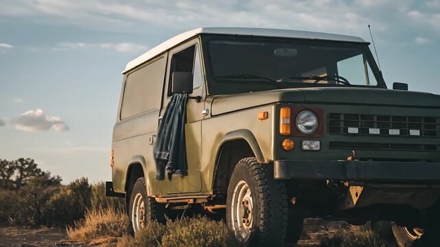 Vintage rugged utility vehicle parked on arid landscape during sunset