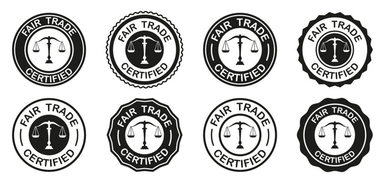 Fair trade certified badges collection. Round black stamps with scales symbol and certification text. Classic quality labels for packaging