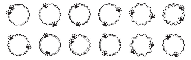 Paw frame badges collection. Circular decorative borders with animal footprints in black style. Cute labels for pet branding and packaging