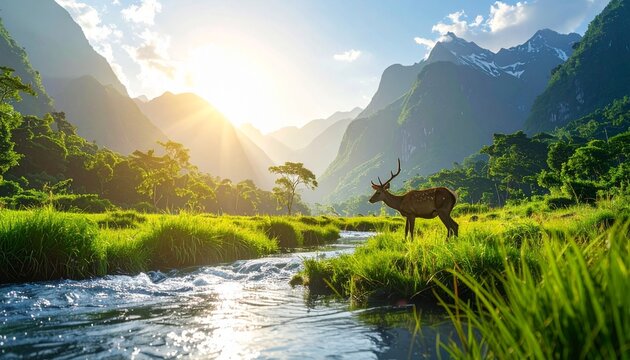 Deer stands by a serene mountain stream at sunrise in a lush green valley