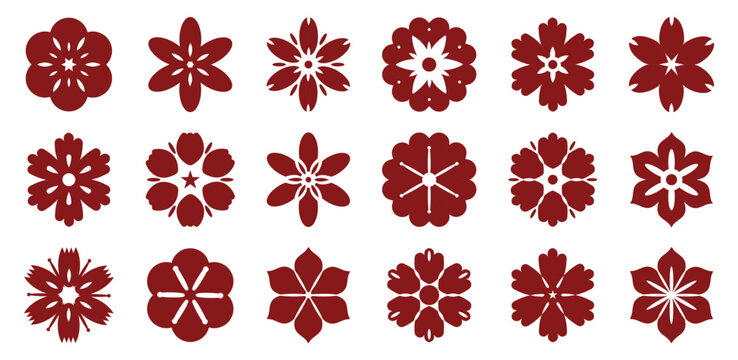 Floral ornament icons collection. Red decorative flower shapes in symmetrical style. Traditional pattern elements for branding and decor