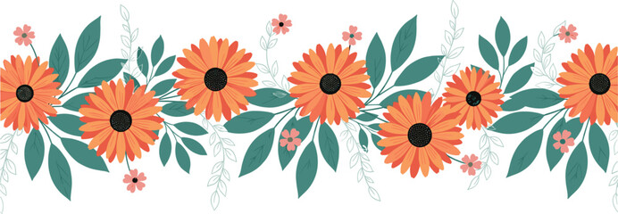 Seamless Floral Border with Orange Daisy Flowers and Green Leaves Horizontal Botanical Pattern for Wedding Invitations, Greeting Cards, and Textile Design
