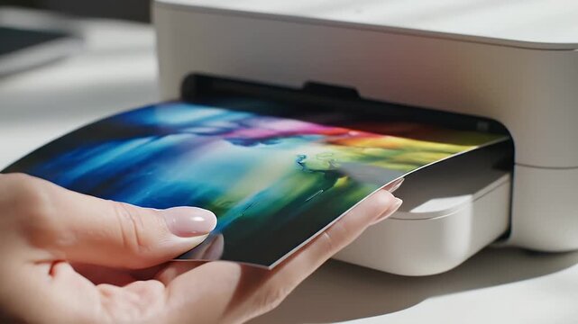 A hand inserts a colorful printout into a modern printer