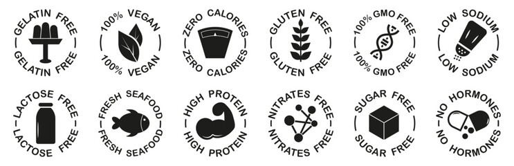 Food label badges set. Includes gelatin free, vegan, zero calories, gluten free and other product icons. Black round certification symbols for packaging